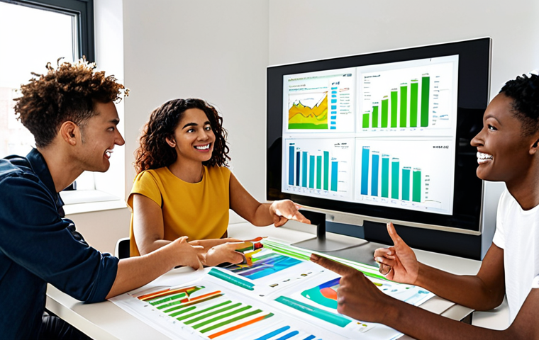 **
A diverse group of young adults (MZ generation) looking at a screen displaying ESG data and sustainable investment options. They are in a modern, bright co-working space, discussing investment strategies with enthusiasm. Some are pointing at charts, showcasing the positive impact of ESG investments. The overall tone is optimistic and forward-looking, emphasizing ethical investing.
**