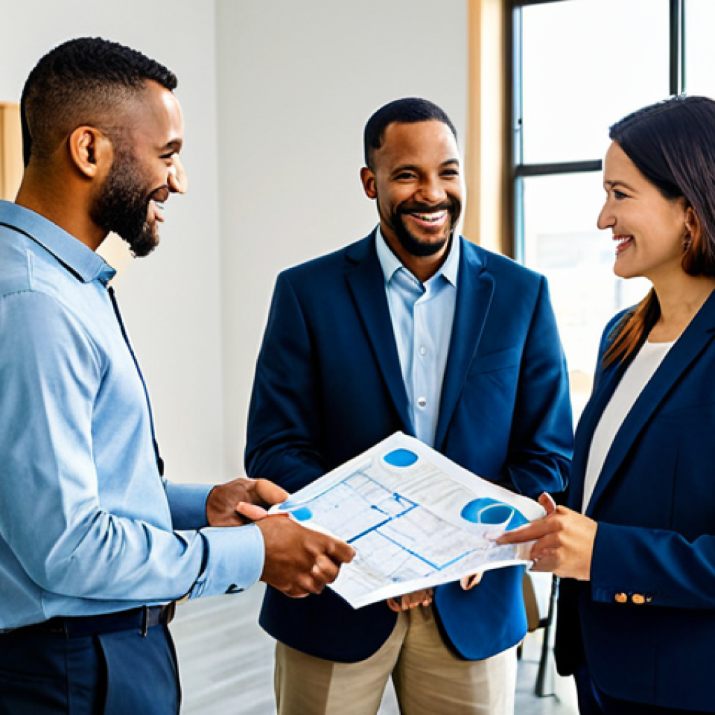 A diverse group of professional business individuals, fully clothed in modest business suits, are actively collaborating with local community members, fully clothed in appropriate casual attire, within a vibrant, modern community center. They are engaged in a constructive discussion, holding blueprints or interacting with elements symbolizing local development, such as a small model of a sustainable urban farm. The atmosphere is bright and collaborative, emphasizing partnership and shared growth. safe for work, appropriate content, fully clothed, professional, perfect anatomy, correct proportions, natural pose, well-formed hands, proper finger count, natural body proportions, professional photography, high quality, studio lighting.