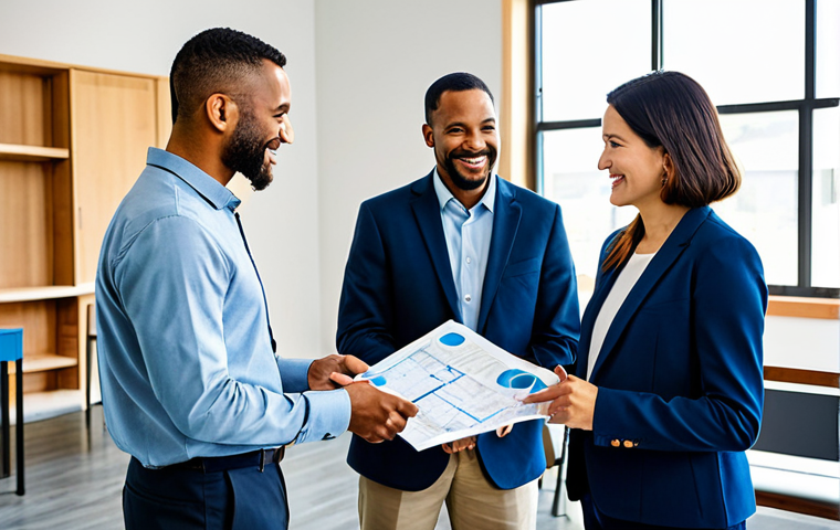A diverse group of professional business individuals, fully clothed in modest business suits, are actively collaborating with local community members, fully clothed in appropriate casual attire, within a vibrant, modern community center. They are engaged in a constructive discussion, holding blueprints or interacting with elements symbolizing local development, such as a small model of a sustainable urban farm. The atmosphere is bright and collaborative, emphasizing partnership and shared growth. safe for work, appropriate content, fully clothed, professional, perfect anatomy, correct proportions, natural pose, well-formed hands, proper finger count, natural body proportions, professional photography, high quality, studio lighting.