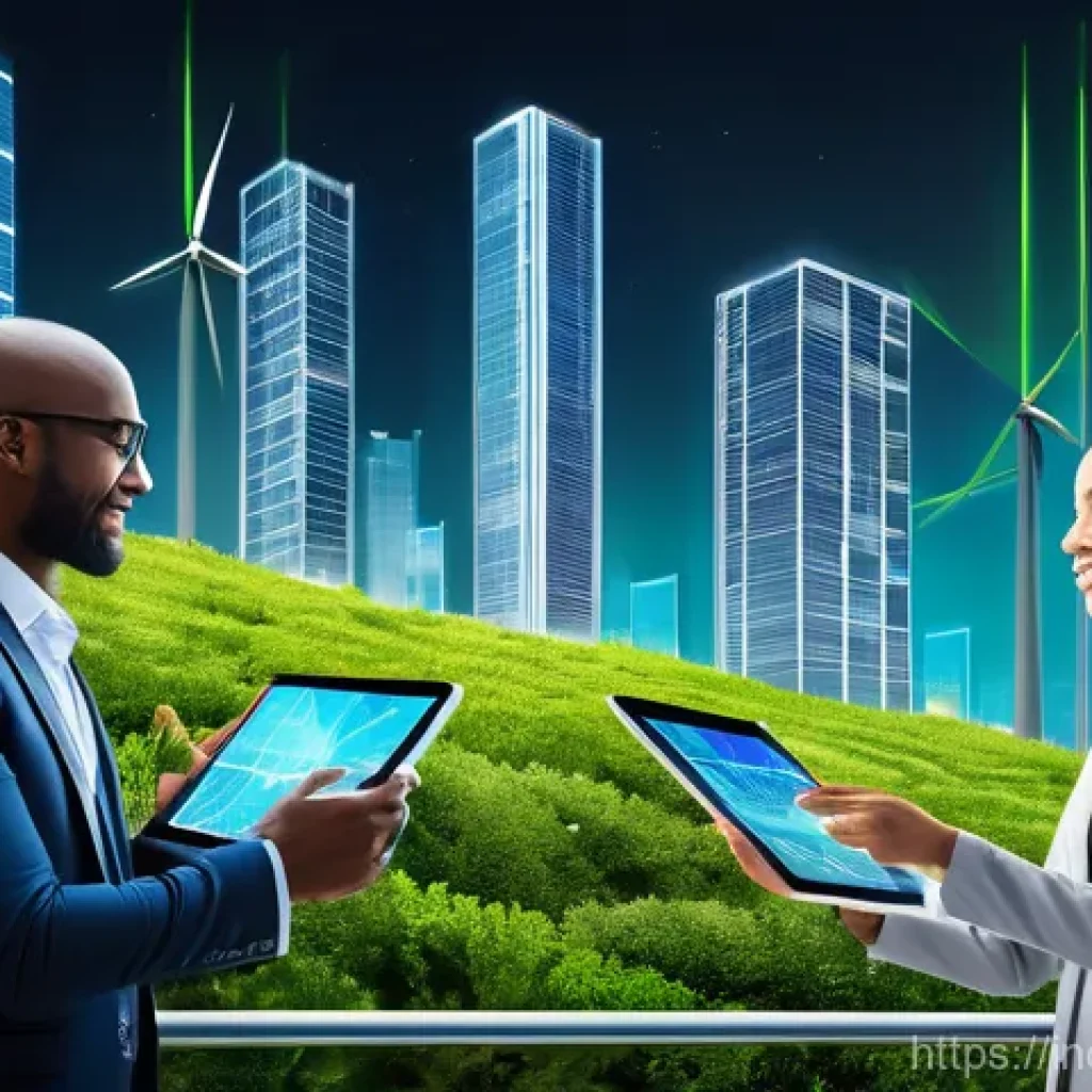 사회책임 투자와 투자 유치 - A vibrant and futuristic cityscape where tall, modern buildings are seamlessly integrated with lush ...