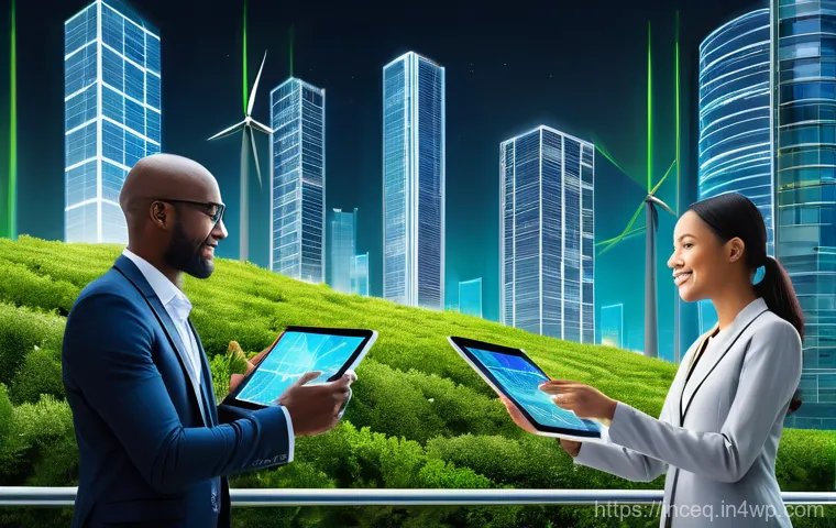 사회책임 투자와 투자 유치 - A vibrant and futuristic cityscape where tall, modern buildings are seamlessly integrated with lush ...