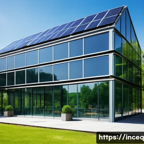 Home 33 사회책임 투자의 경제적 이익 - A modern corporate office building surrounded by lush green trees and solar panels on the roof, symb...