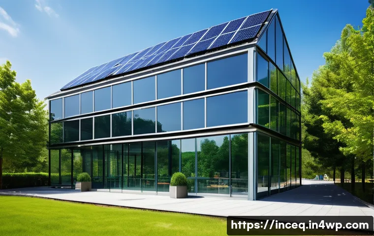 사회책임 투자의 경제적 이익 - A modern corporate office building surrounded by lush green trees and solar panels on the roof, symb...