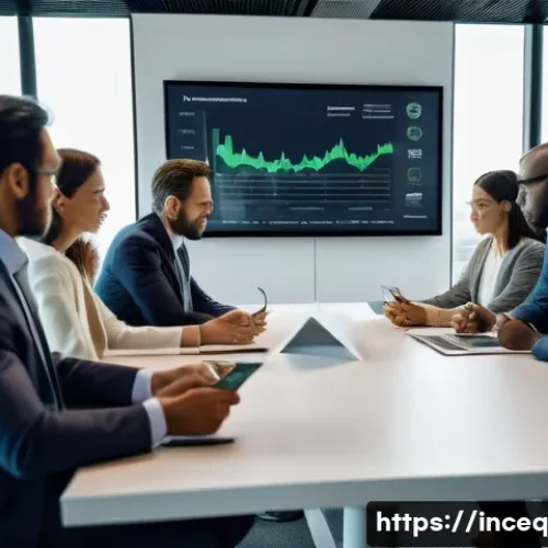 Home 32 사회책임 투자와 투자자 교육 - A professional business meeting scene focused on social responsibility investing, showing diverse in...