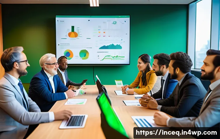 사회책임 투자 관련 커뮤니티와 네트워킹 - A diverse group of socially responsible investors gathered in a modern conference room, actively eng...