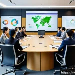 Home 18 사회책임 투자와 혁신의 연계 - A professional corporate boardroom scene showing diverse executives in business attire engaged in a ...