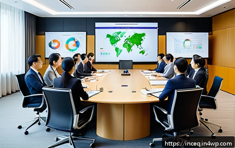 사회책임 투자와 혁신의 연계 - A professional corporate boardroom scene showing diverse executives in business attire engaged in a ...